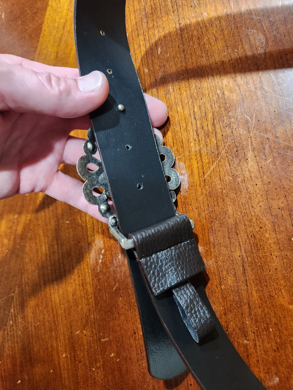 Vintage Leather Women's Belt with Coral Accent Buckle - Black Size 12